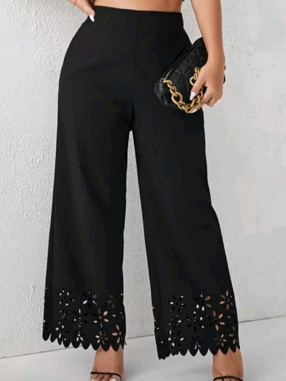 SHEIN Black Wide-Leg Crop Pants with Laser-Cut Floral Hem